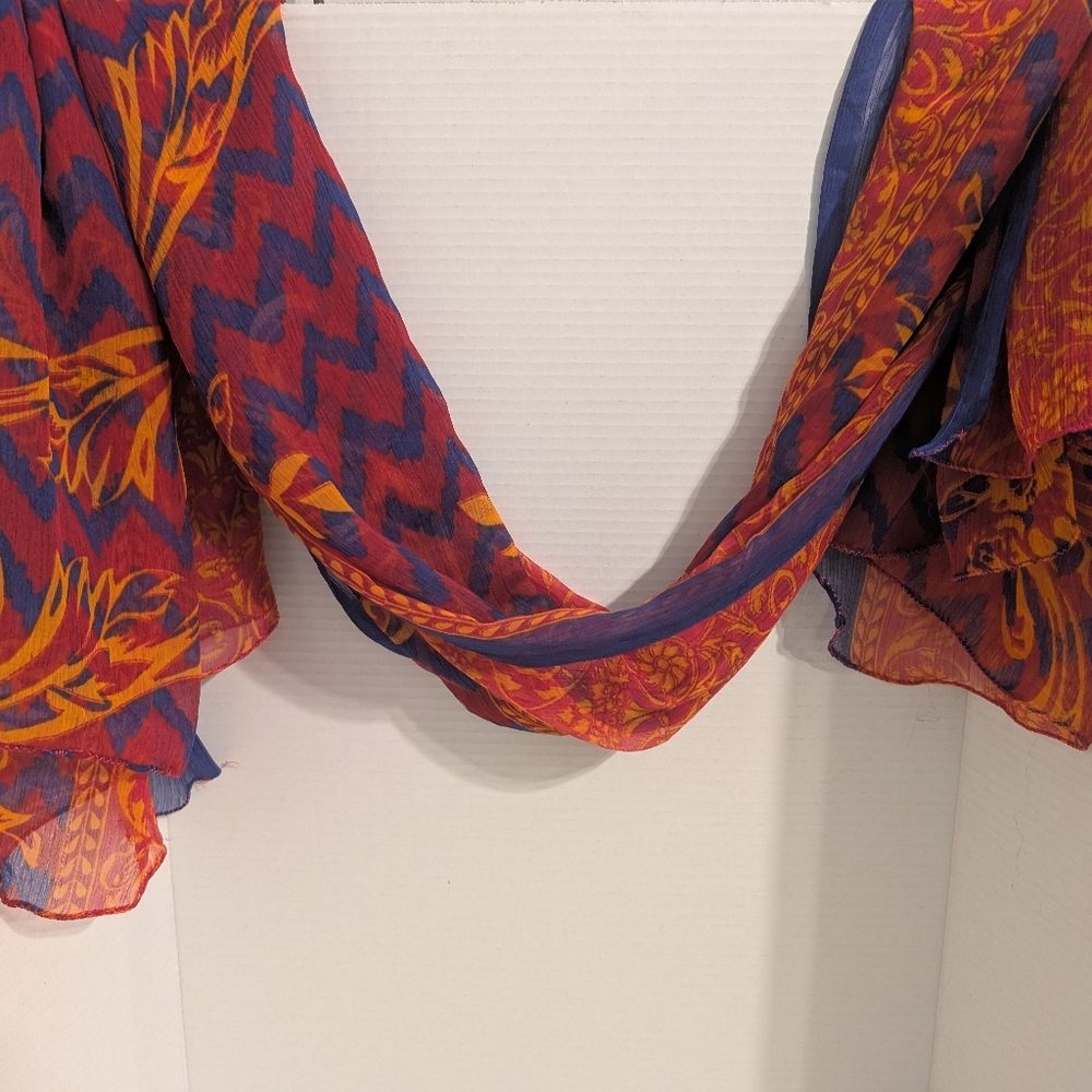 Sheer Large Royal Blue, Red and Orangy Gold Shawl, Scarf or‎ Wrap - Picture 3 of 7